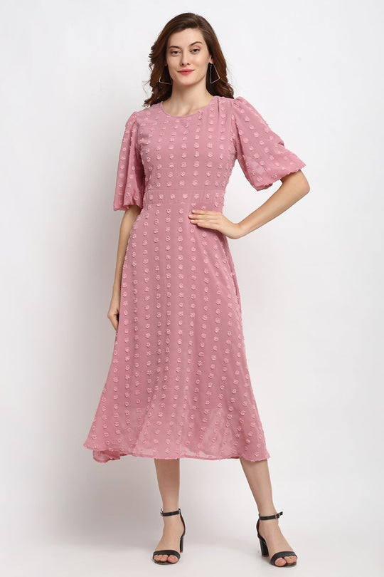 Brick Pink Midi Length Round Neck Georgette Dress