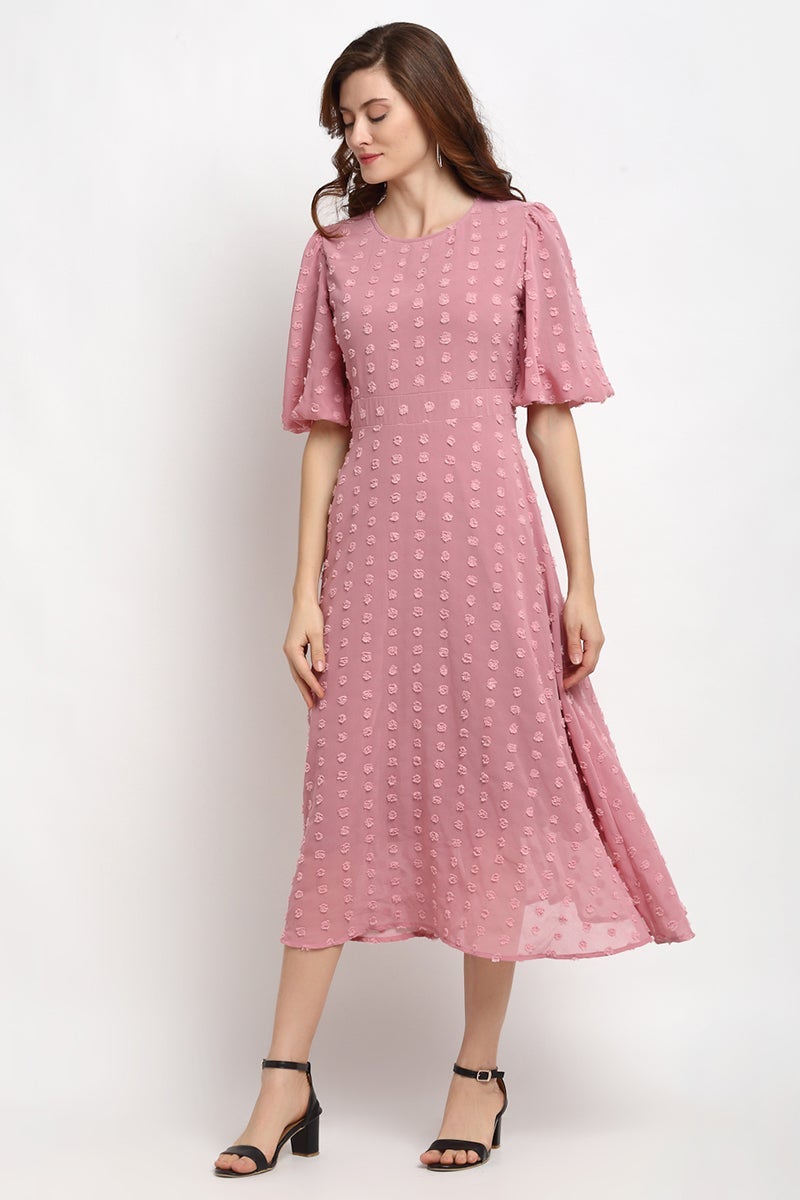 Brick Pink Midi Length Round Neck Georgette Dress