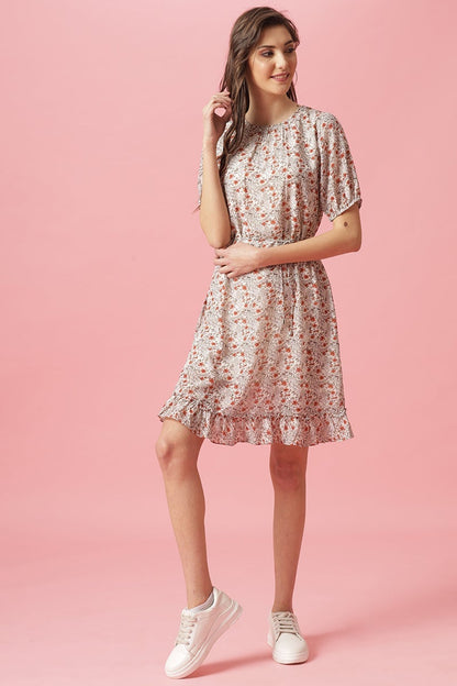 Gipsy Cream Knee Length Round Neck Georgette Dress