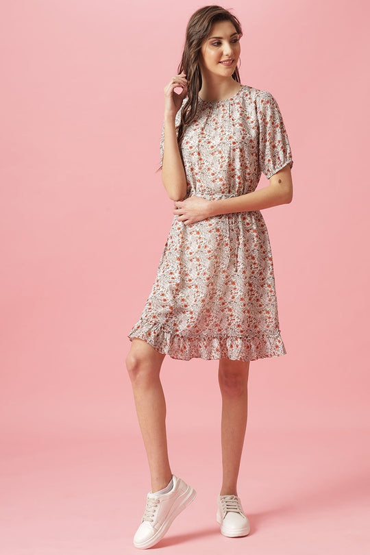 Gipsy Cream Knee Length Round Neck Georgette Dress