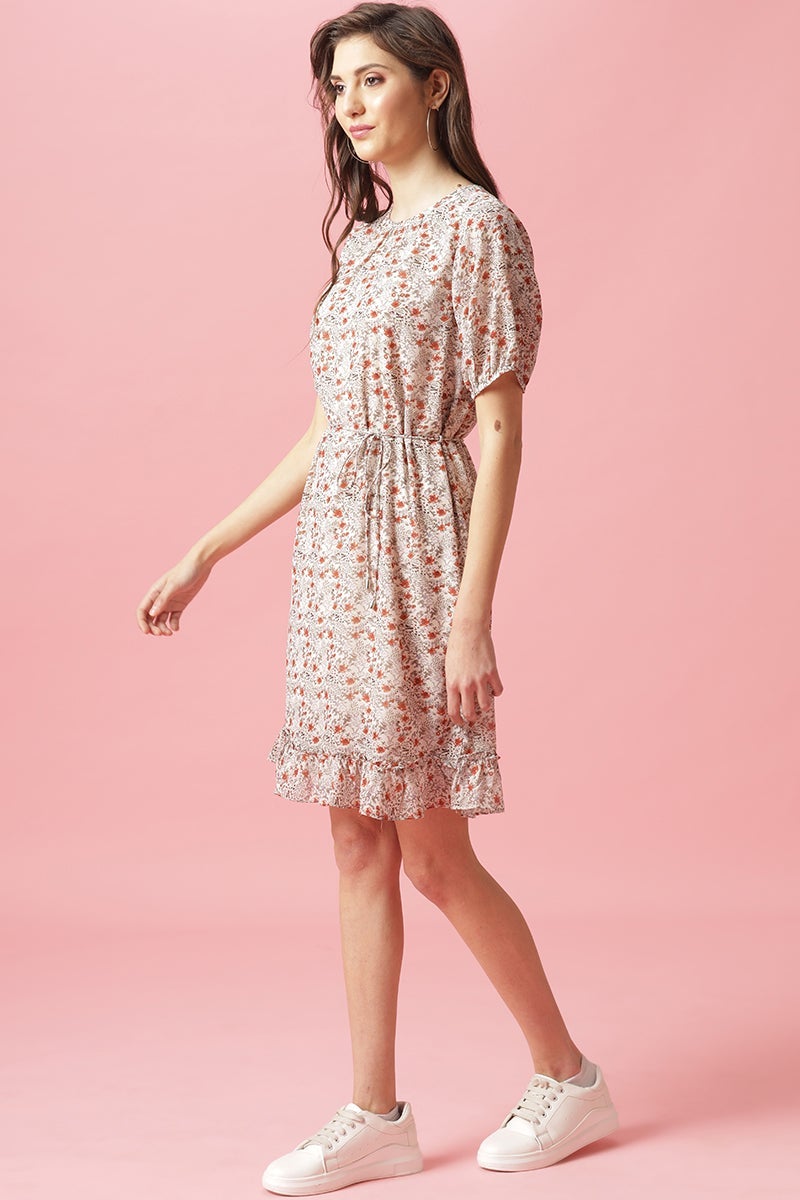 Gipsy Cream Knee Length Round Neck Georgette Dress