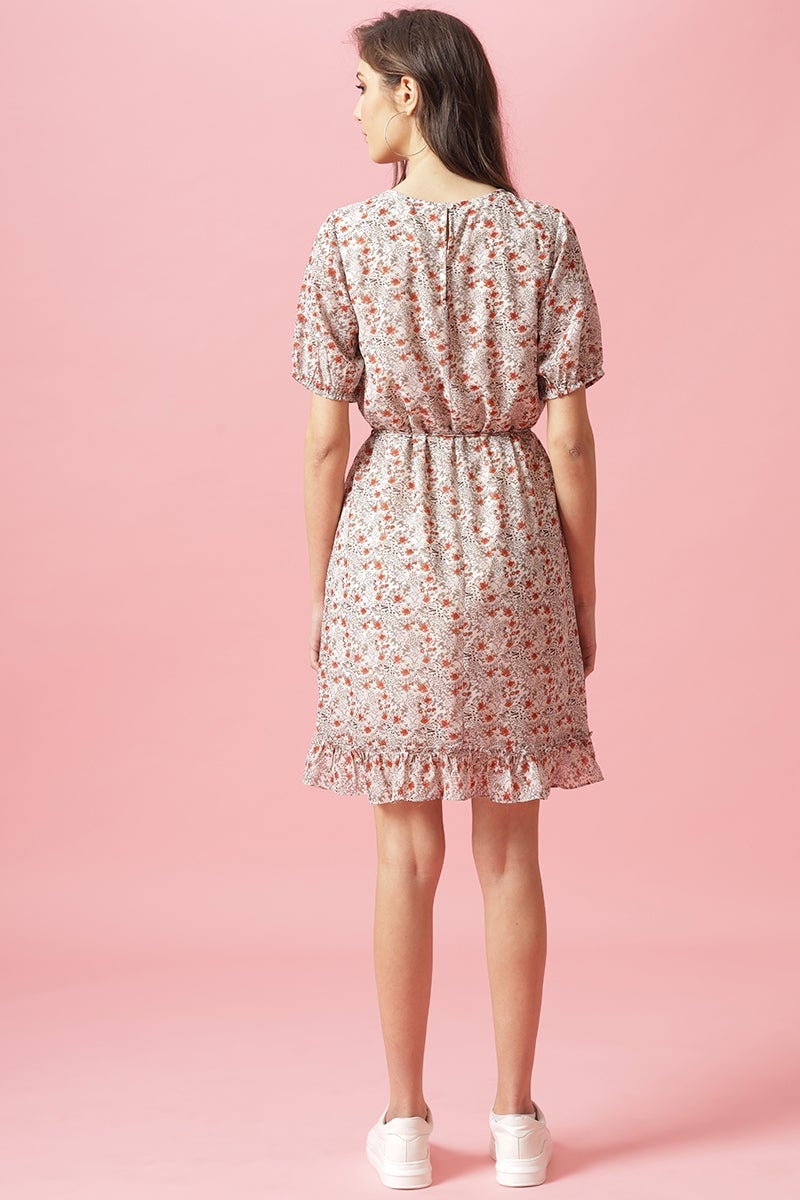 Gipsy Cream Knee Length Round Neck Georgette Dress