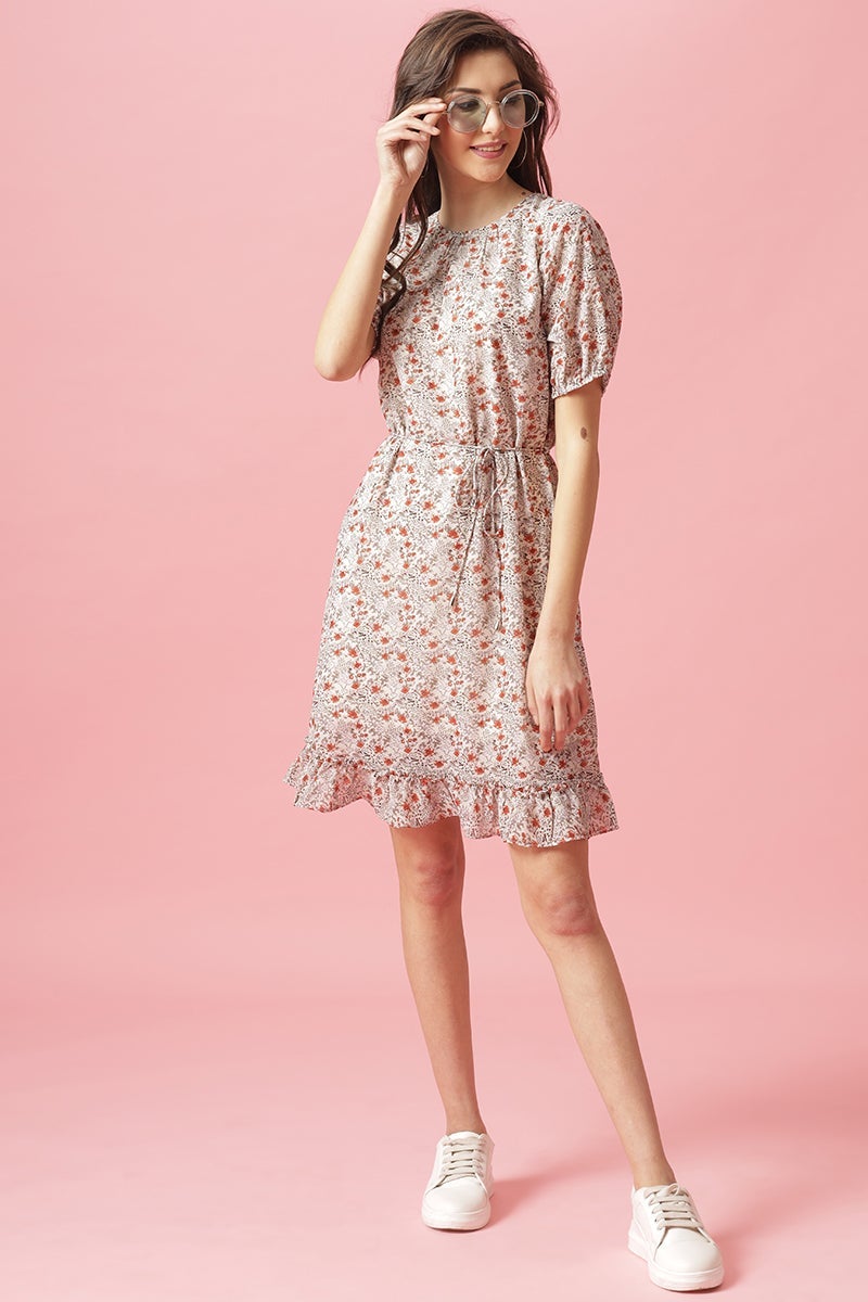 Gipsy Cream Knee Length Round Neck Georgette Dress