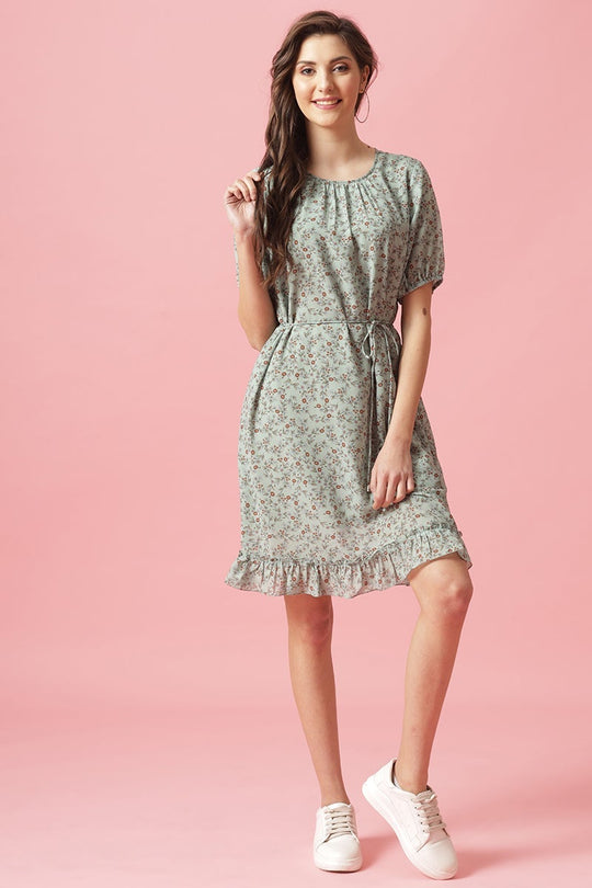 Gipsy Green Knee Length Round Neck Georgette Dress