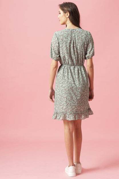 Gipsy Green Knee Length Round Neck Georgette Dress
