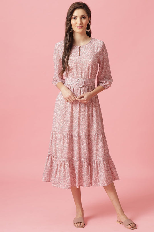 Gipsy Pink Midi Length Round Neck Georgette Dress