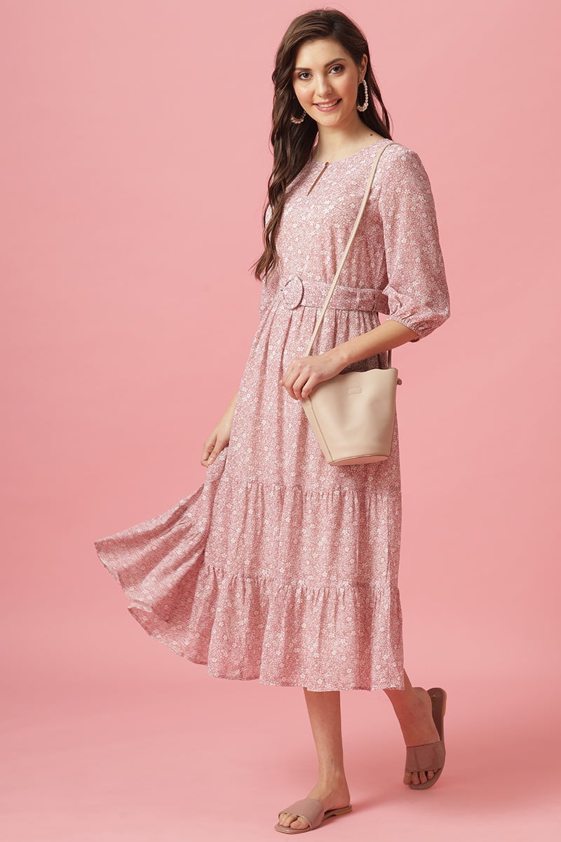Gipsy Pink Midi Length Round Neck Georgette Dress