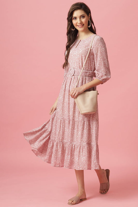 Gipsy Pink Midi Length Round Neck Georgette Dress