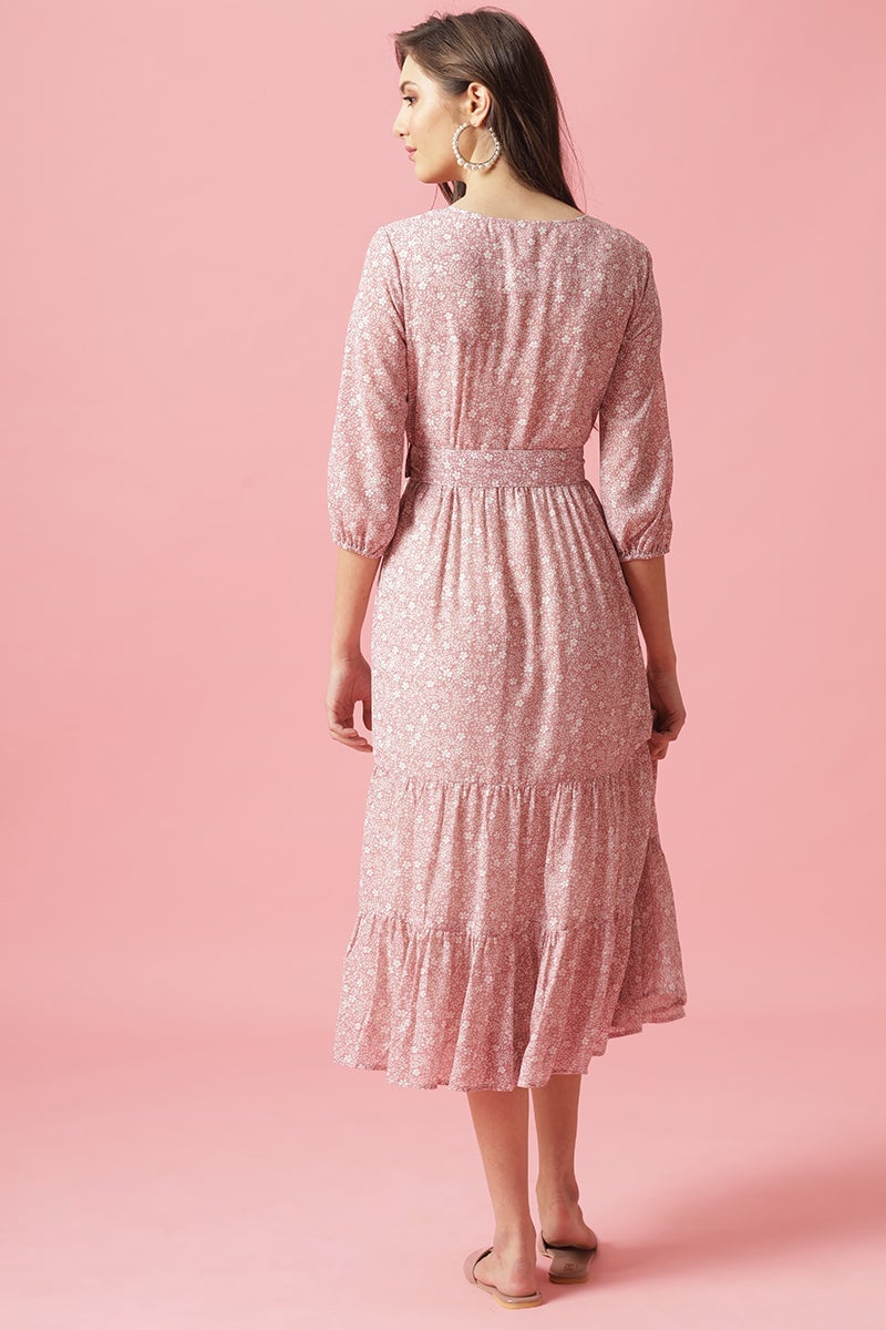 Gipsy Pink Midi Length Round Neck Georgette Dress