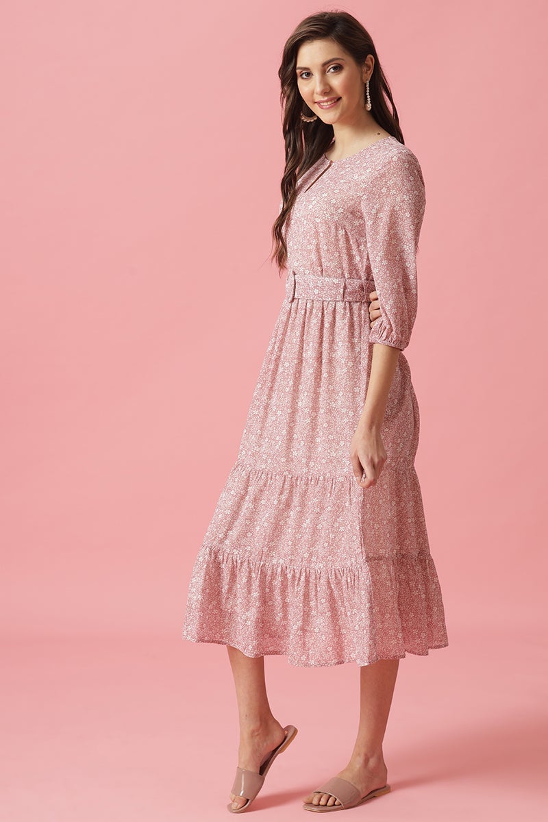 Gipsy Pink Midi Length Round Neck Georgette Dress