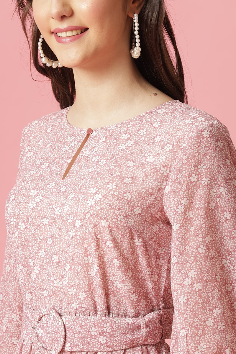 Gipsy Pink Midi Length Round Neck Georgette Dress