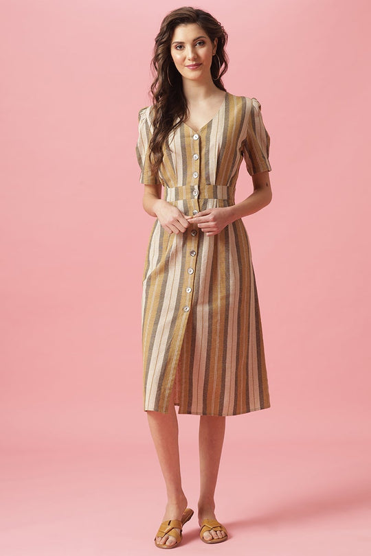 Gipsy Mustard Midi Length V-Neck Cotton Dress