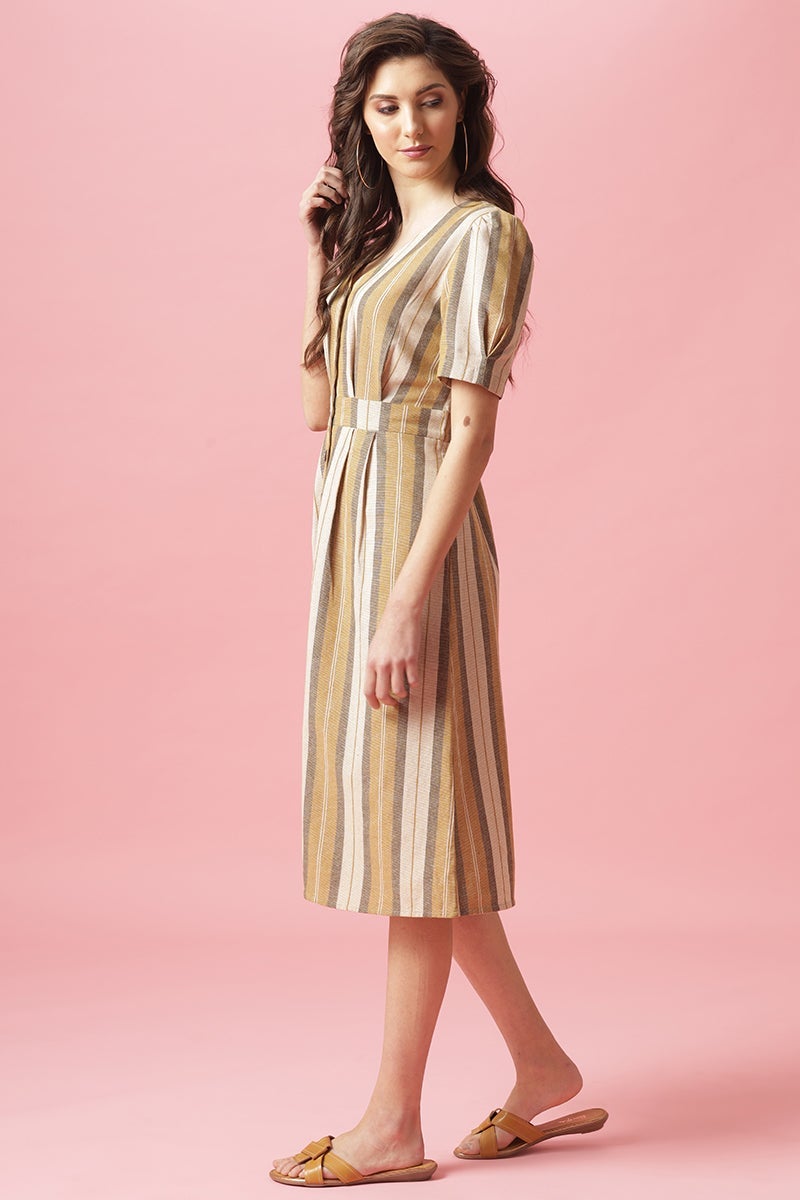 Gipsy Mustard Midi Length V-Neck Cotton Dress