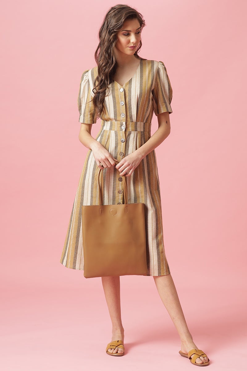 Gipsy Mustard Midi Length V-Neck Cotton Dress