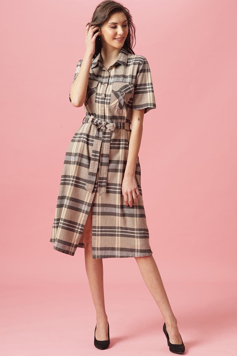 Gipsy Khaki Midi Length Shirt Collar Cotton Dress