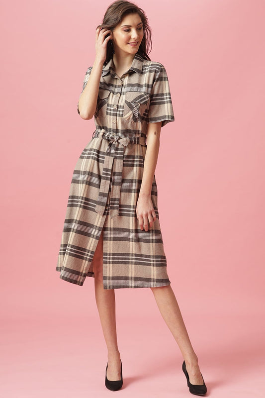 Gipsy Khaki Midi Length Shirt Collar Cotton Dress
