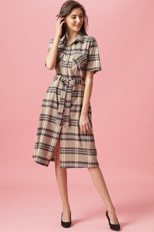 Gipsy Khaki Midi Length Shirt Collar Cotton Dress