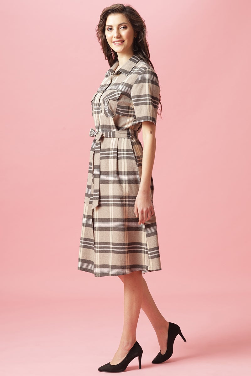 Gipsy Khaki Midi Length Shirt Collar Cotton Dress
