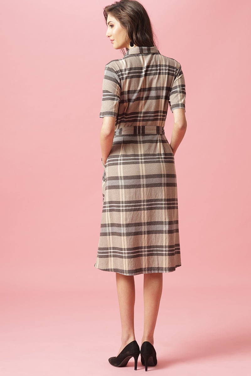 Gipsy Khaki Midi Length Shirt Collar Cotton Dress