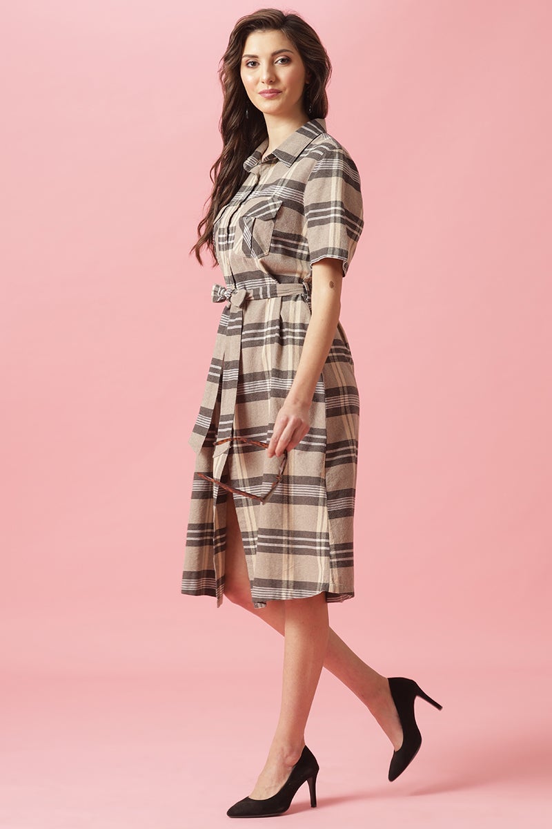 Gipsy Khaki Midi Length Shirt Collar Cotton Dress