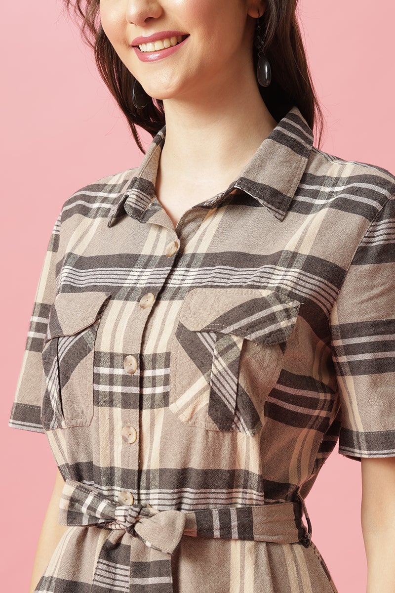 Gipsy Khaki Midi Length Shirt Collar Cotton Dress