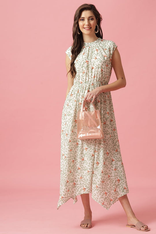 Gipsy Cream Midi Length Round Neck Georgette Dress