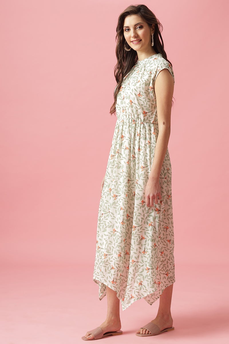 Gipsy Cream Midi Length Round Neck Georgette Dress