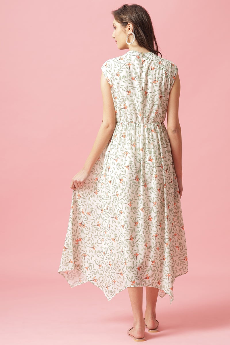 Gipsy Cream Midi Length Round Neck Georgette Dress