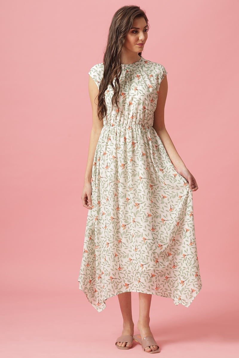Gipsy Cream Midi Length Round Neck Georgette Dress