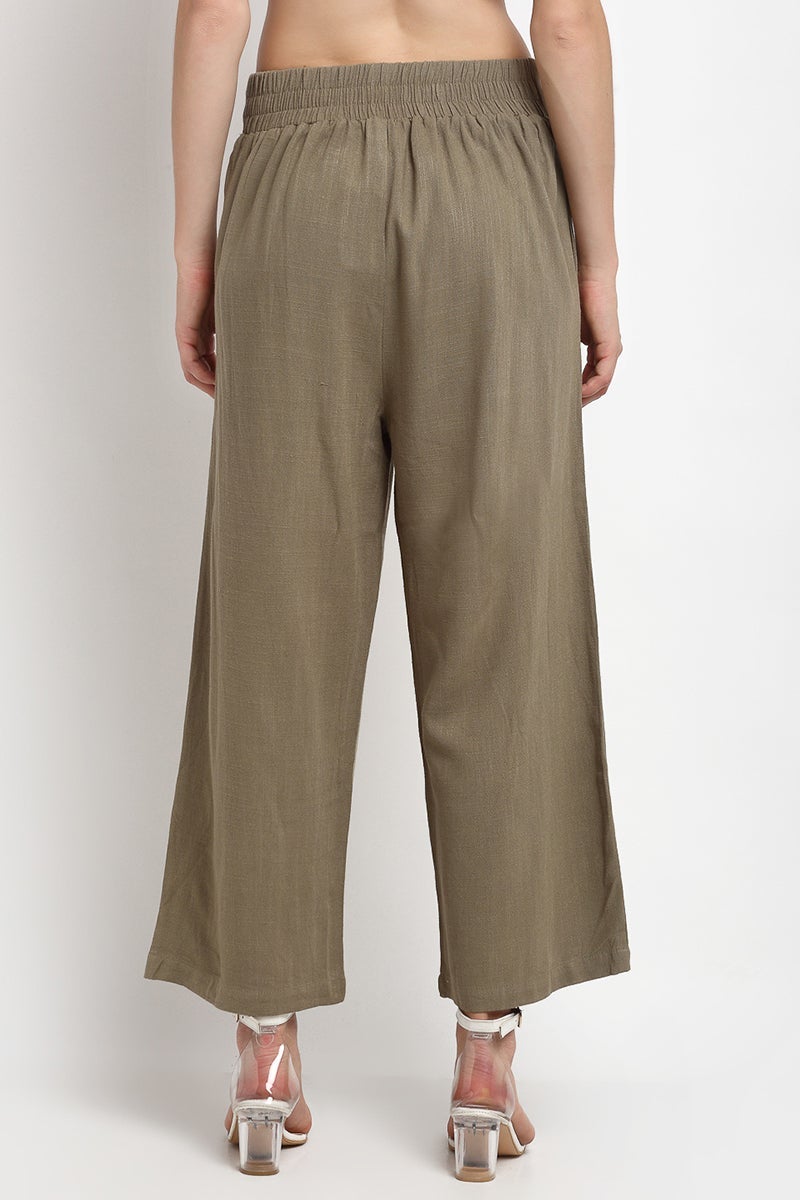 Olive Ankle Length Solid Cotton Pant