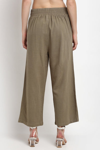 Olive Ankle Length Solid Cotton Pant
