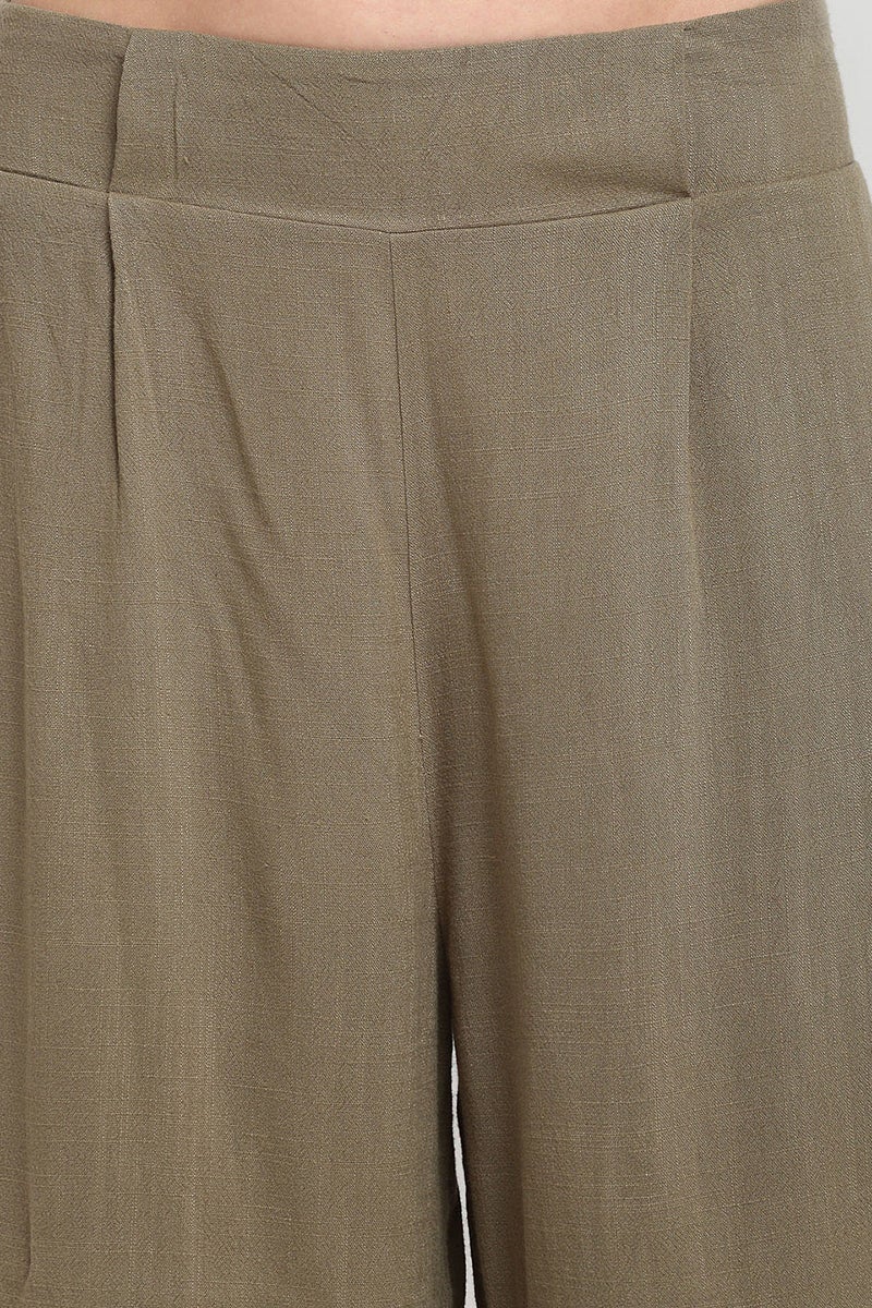 Olive Ankle Length Solid Cotton Pant