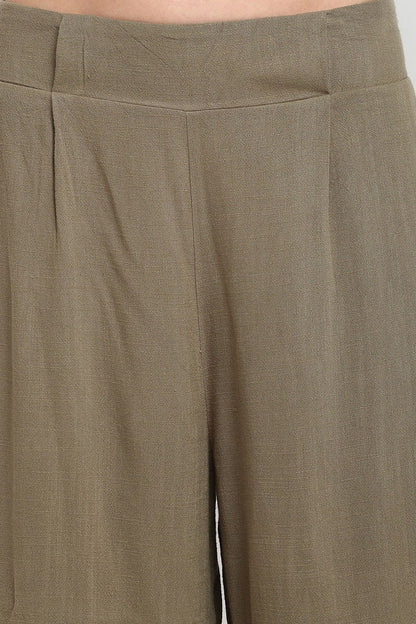 Olive Ankle Length Solid Cotton Pant