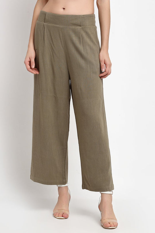 Olive Ankle Length Solid Cotton Pant