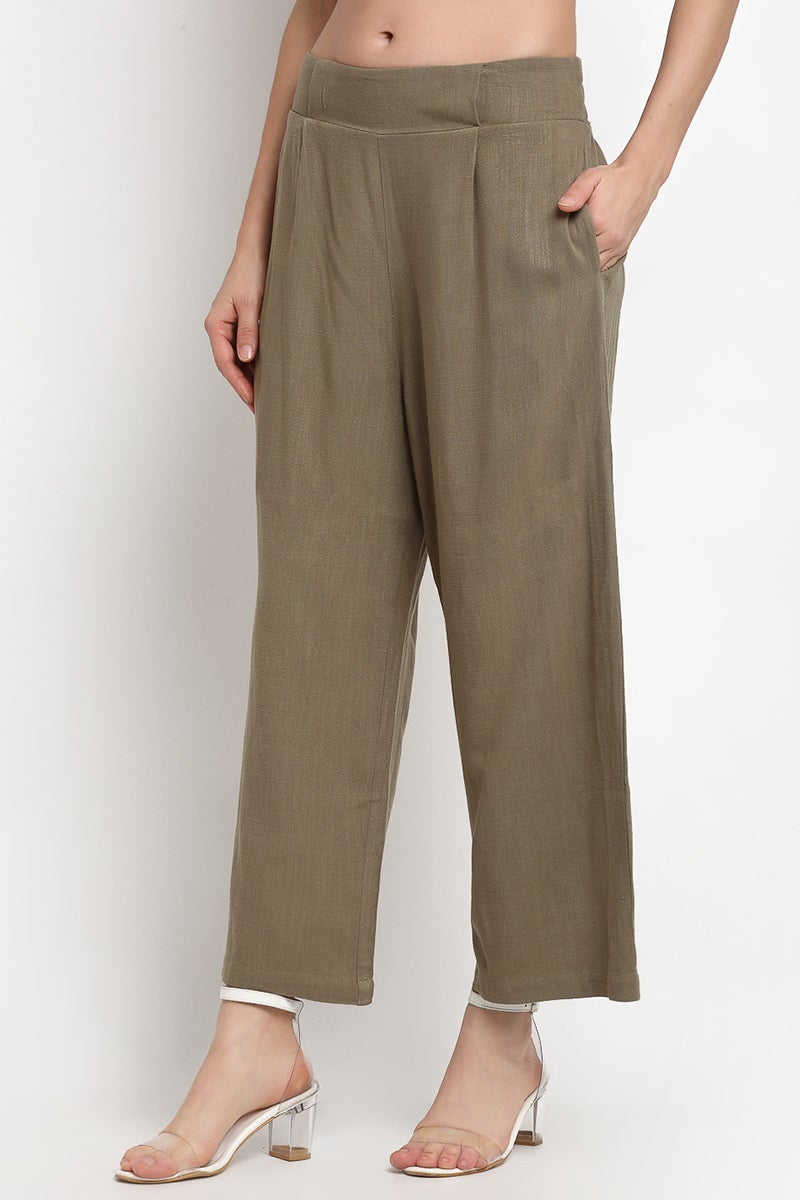 Olive Ankle Length Solid Cotton Pant