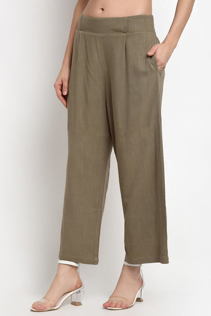 Olive Ankle Length Solid Cotton Pant