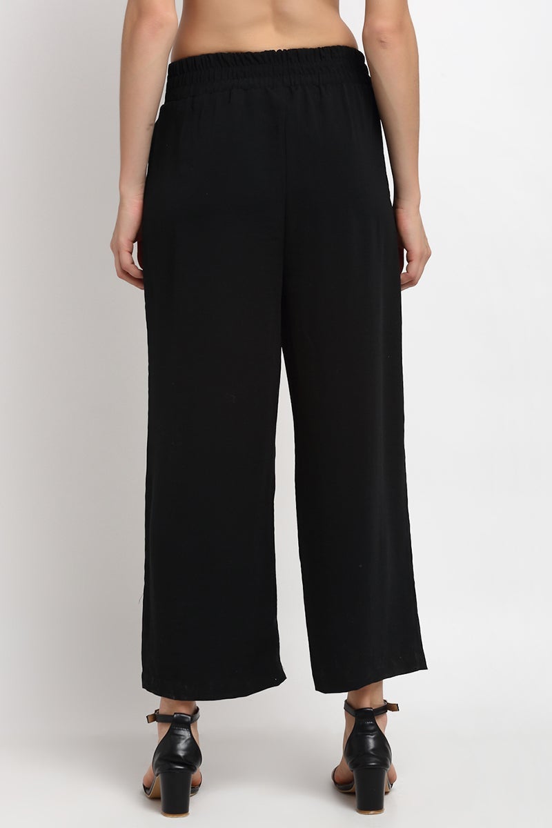 Black Ankle Length Solid Linen Pant