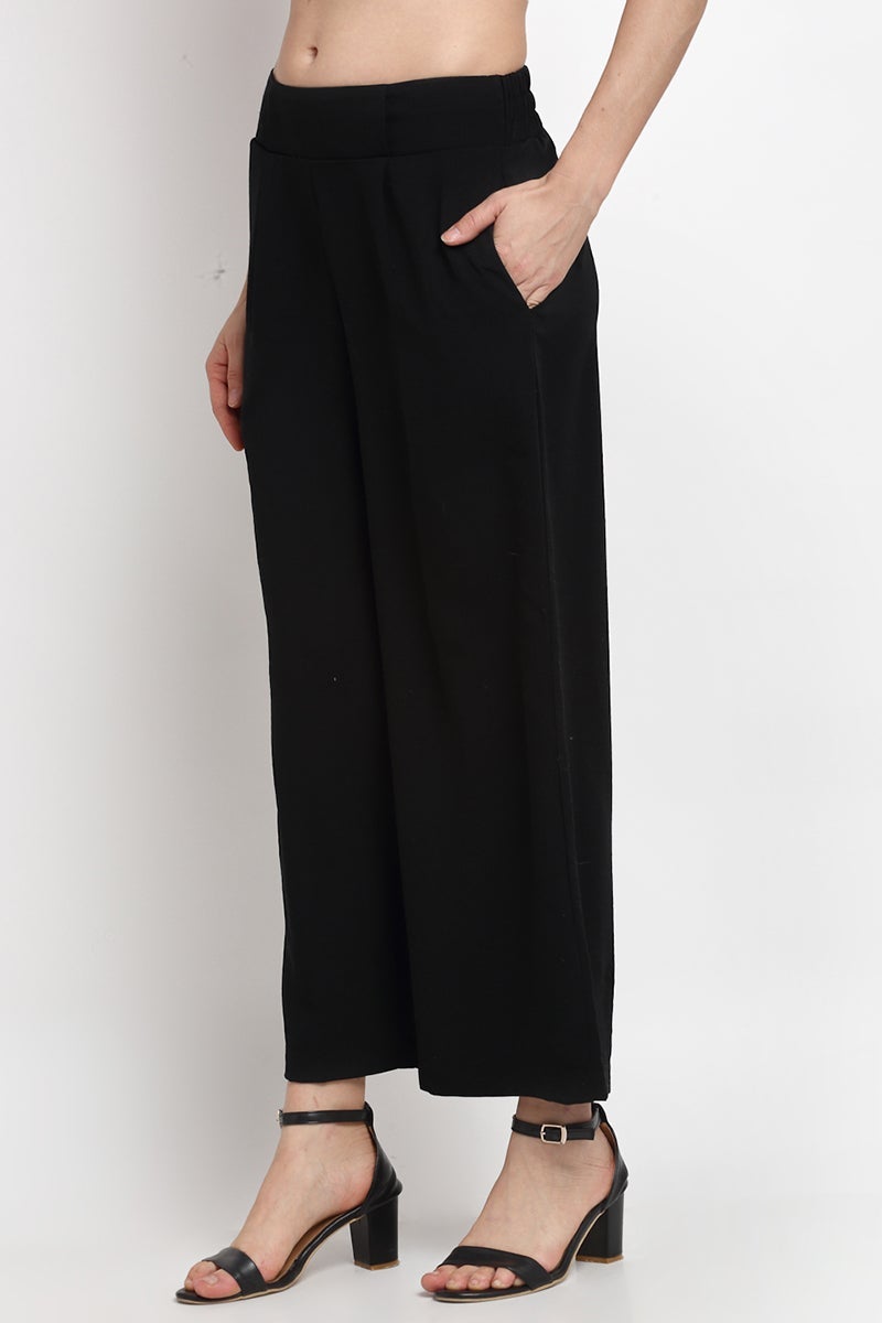 Black Ankle Length Solid Linen Pant