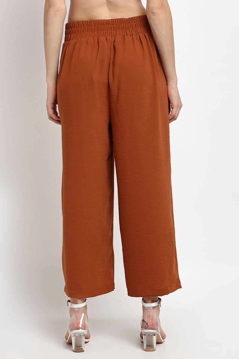 Brown Ankle Length Solid Linen Pant