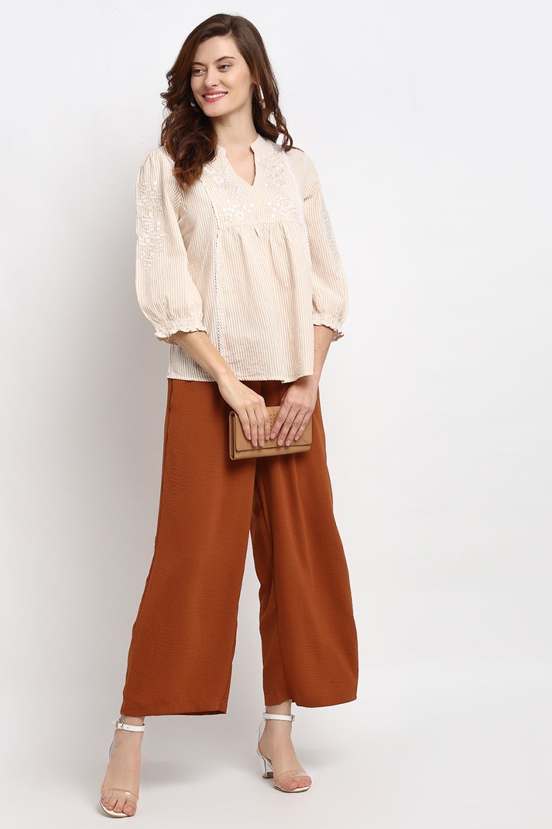 Brown Ankle Length Solid Linen Pant