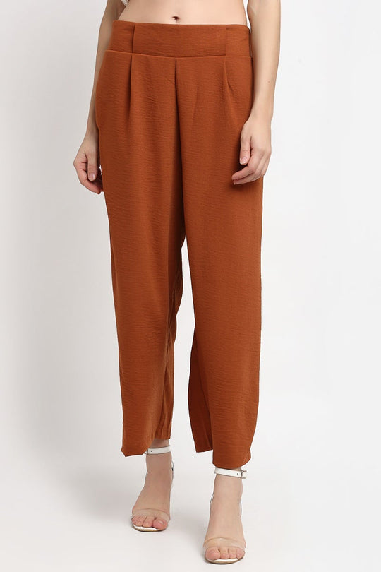 Brown Ankle Length Solid Linen Pant