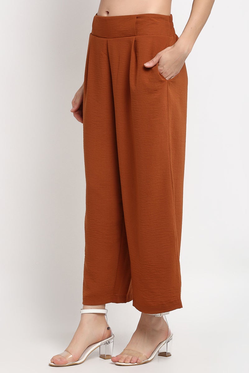 Brown Ankle Length Solid Linen Pant