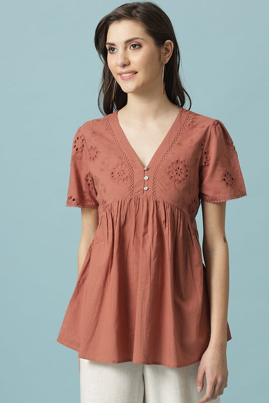 Gipsy Rust Medium Length V- Neck Cotton Tunic