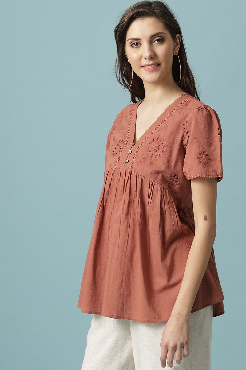 Gipsy Rust Medium Length V- Neck Cotton Tunic