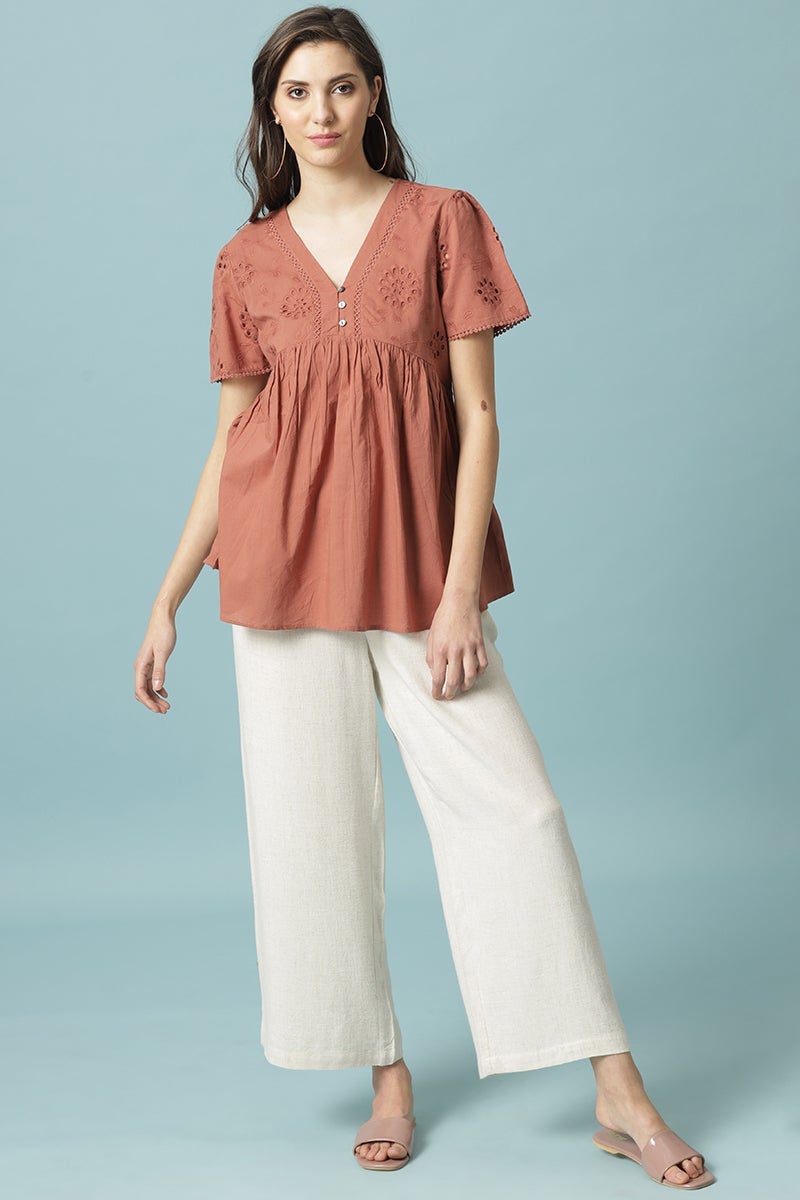 Gipsy Rust Medium Length V- Neck Cotton Tunic