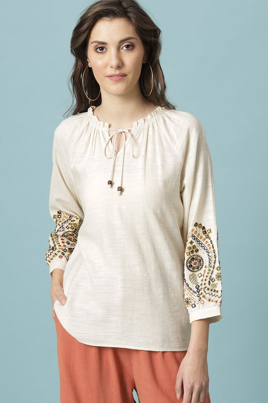 Gipsy Beige Medium Length V- Neck Cotton Tunic
