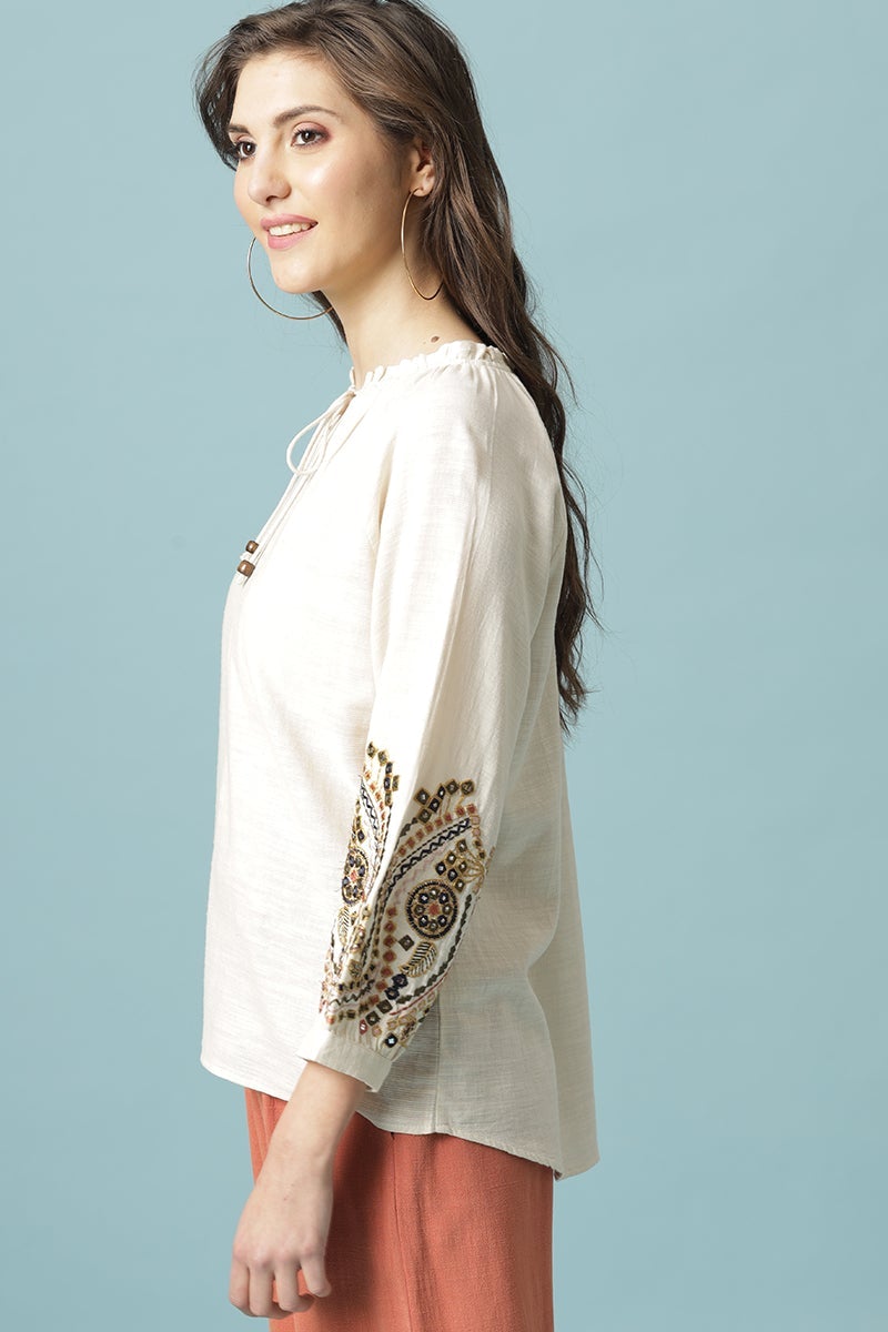 Gipsy Beige Medium Length V- Neck Cotton Tunic