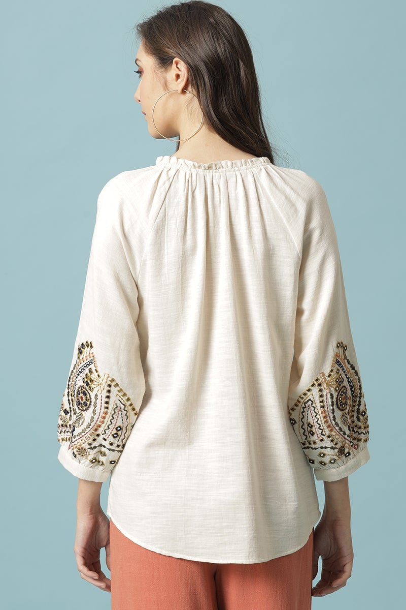 Gipsy Beige Medium Length V- Neck Cotton Tunic