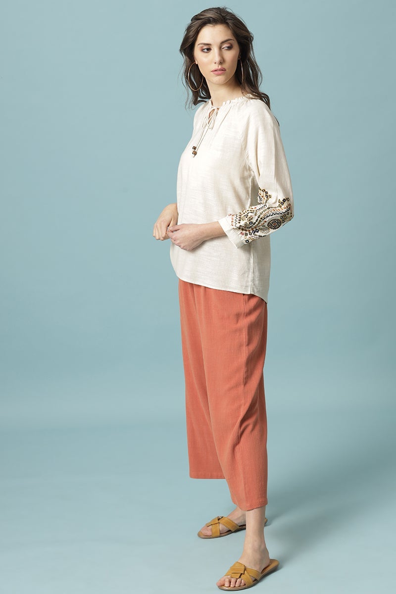 Gipsy Beige Medium Length V- Neck Cotton Tunic