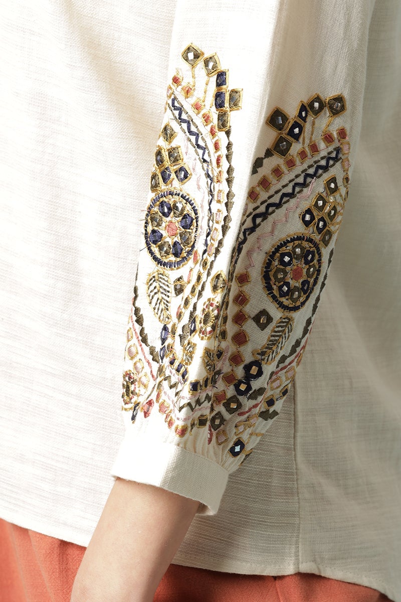 Gipsy Beige Medium Length V- Neck Cotton Tunic